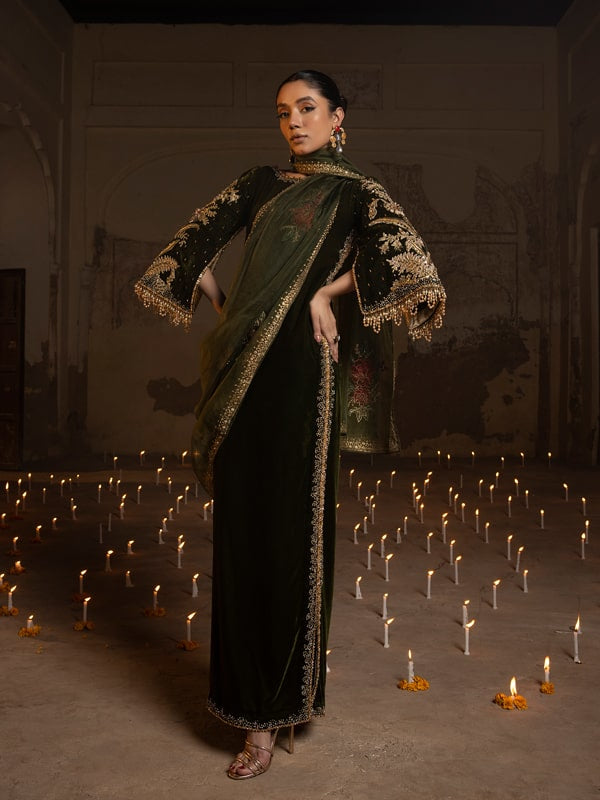 Pakistani Mehndi Green Embellished Velvet Salwar Kameez (3-Piece) - Image 1