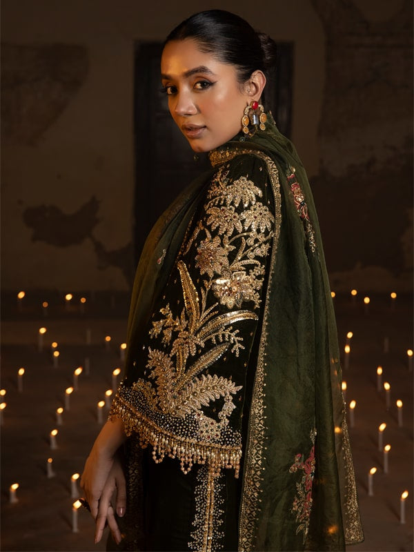 Pakistani Mehndi Green Embellished Velvet Salwar Kameez (3-Piece) - Image 2