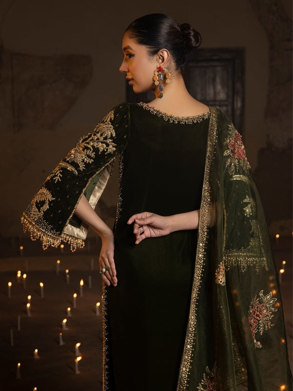 Pakistani Mehndi Green Embellished Velvet Salwar Kameez (3-Piece) - Image 4