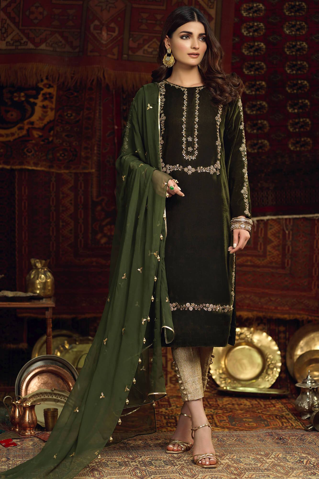 Jade Green Embroidered Velvet Salwar Kameez (3-Piece) - Image 2