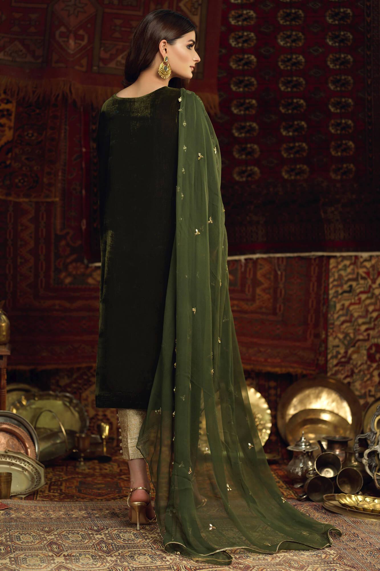 Jade Green Embroidered Velvet Salwar Kameez (3-Piece) - Image 3