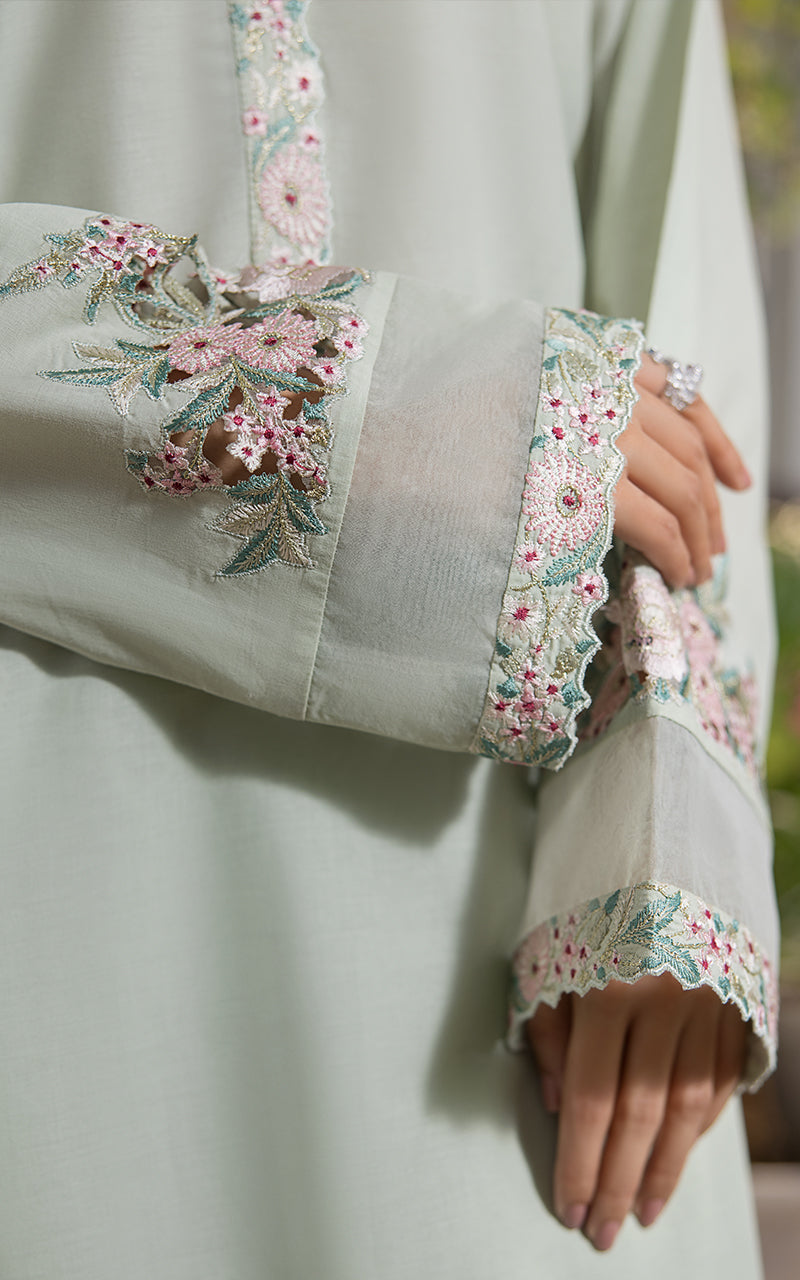 Pakistani Mint Green Appliqué Embroidered Viscose Raw Silk Suit (3-Piece) - Image 2