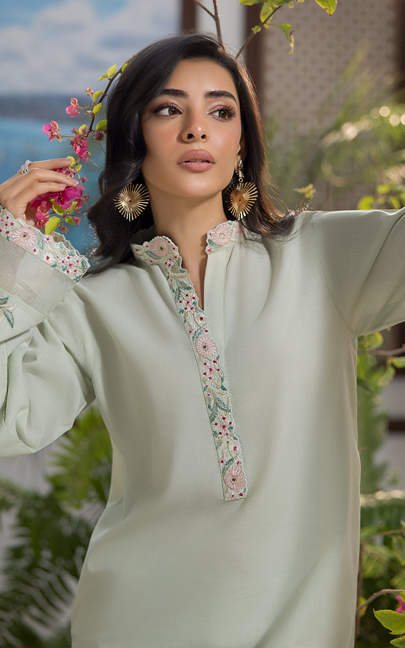 Pakistani Mint Green Appliqué Embroidered Viscose Raw Silk Suit (3-Piece) - Image 3