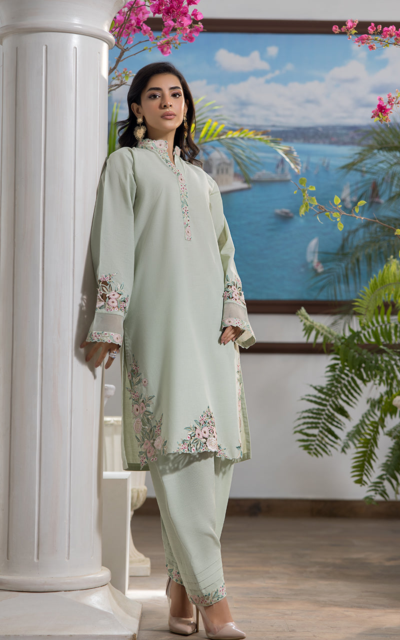 Pakistani Mint Green Appliqué Embroidered Viscose Raw Silk Suit (3-Piece) - Image 4