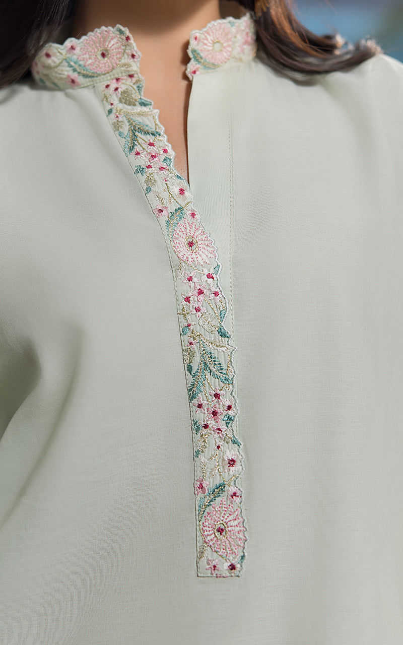 Pakistani Mint Green Appliqué Embroidered Viscose Raw Silk Suit (3-Piece) - Image 5