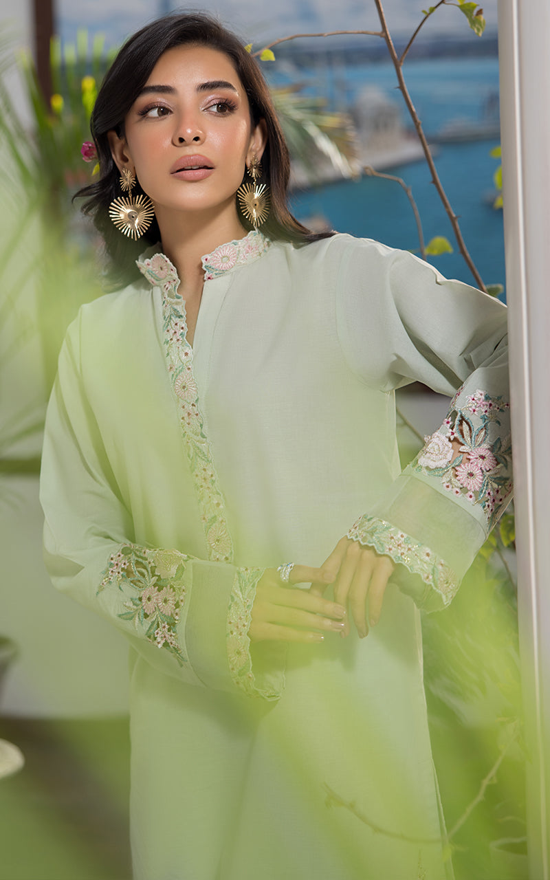 Pakistani Mint Green Appliqué Embroidered Viscose Raw Silk Suit (3-Piece) - Image 7