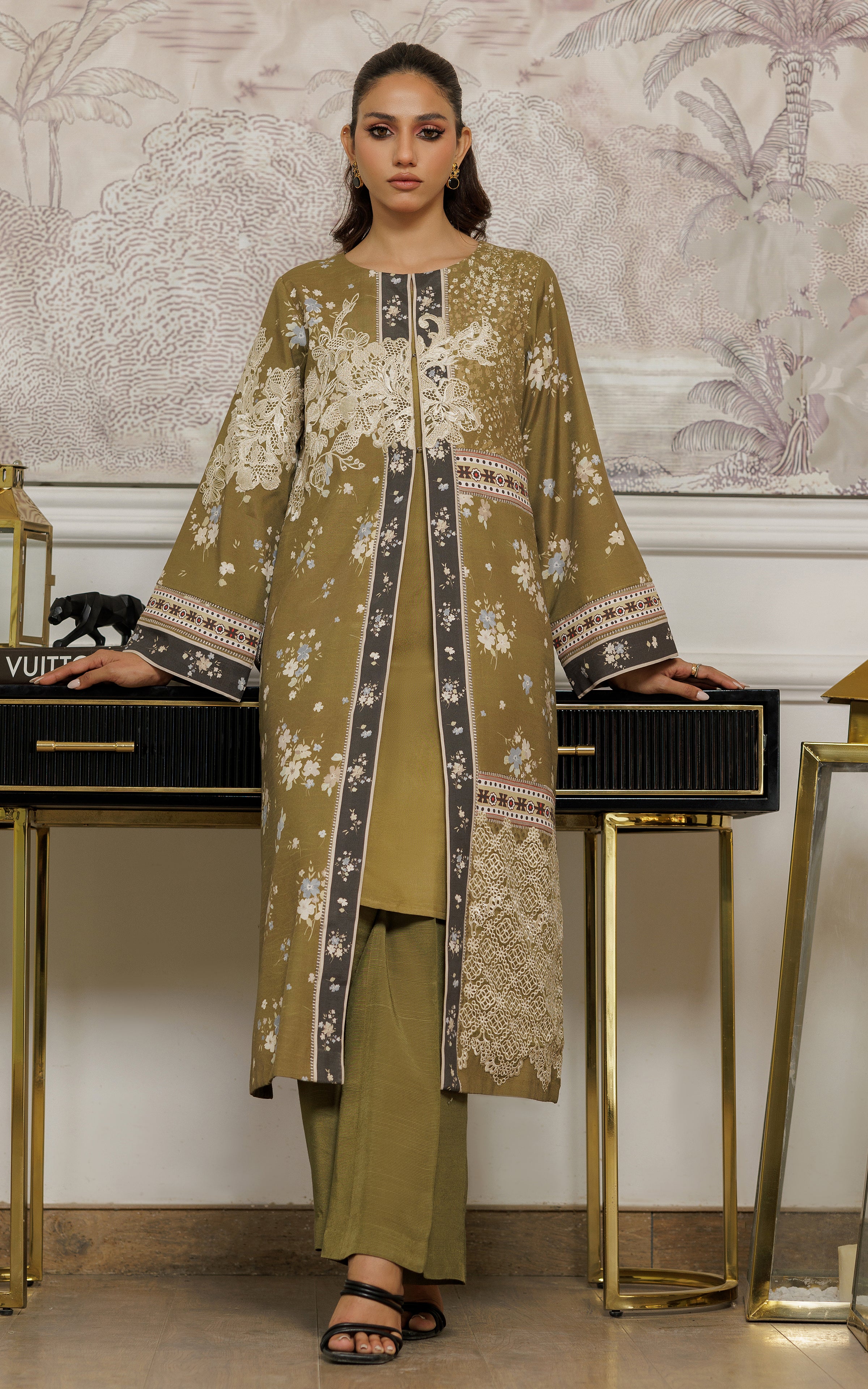 Olive Cutwork Embroidered Viscose Silk Jacket (2-Piece) - Image 1