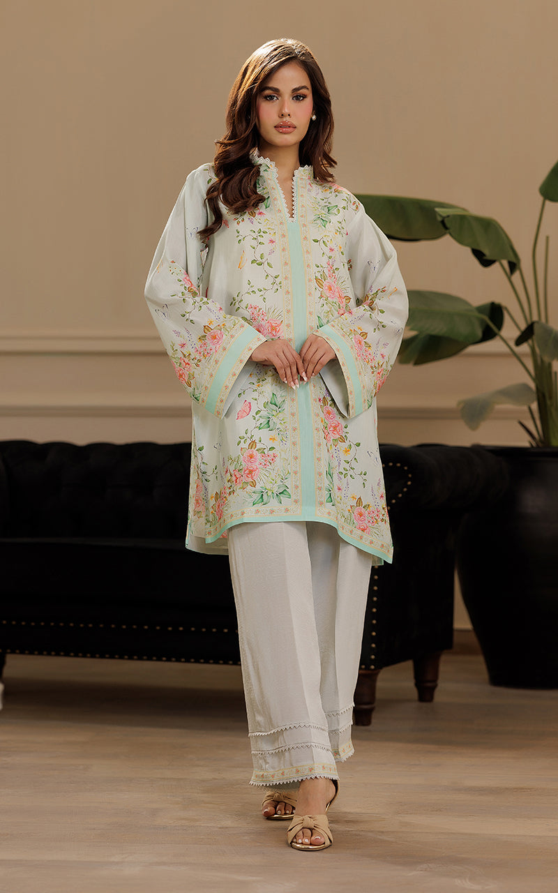 Mint Floral Embroidered Viscose Silk Salwar Kameez (2-Piece) - Image 1