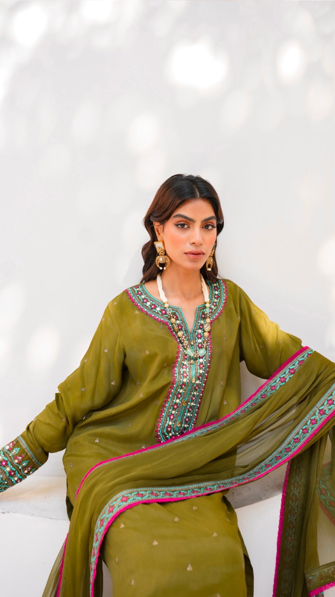 Pakistani Olive Green Embroidered Viscose Silk Salwar Kameez (3-Piece) - Image 2
