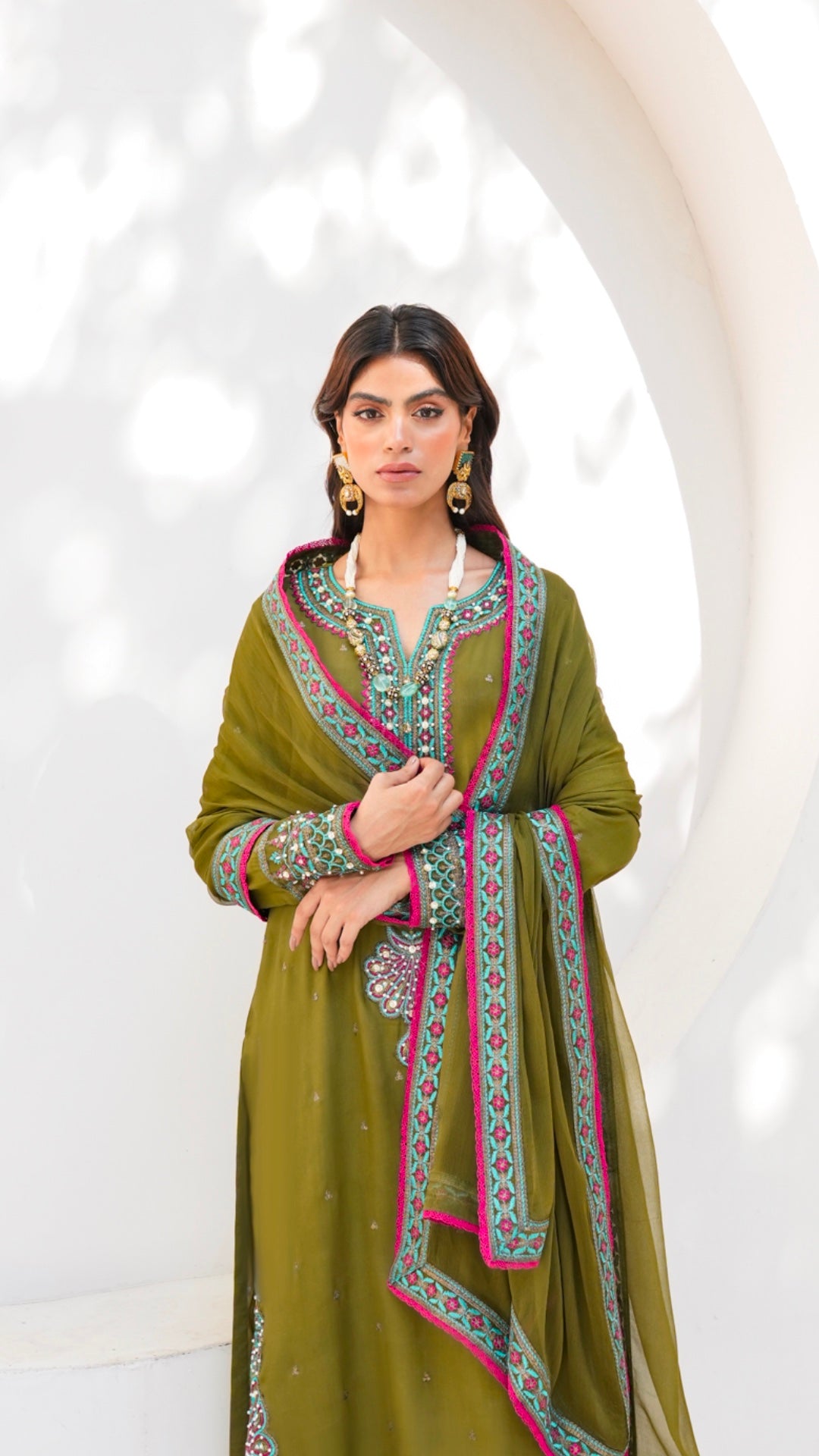 Pakistani Olive Green Embroidered Viscose Silk Salwar Kameez (3-Piece) - Image 3