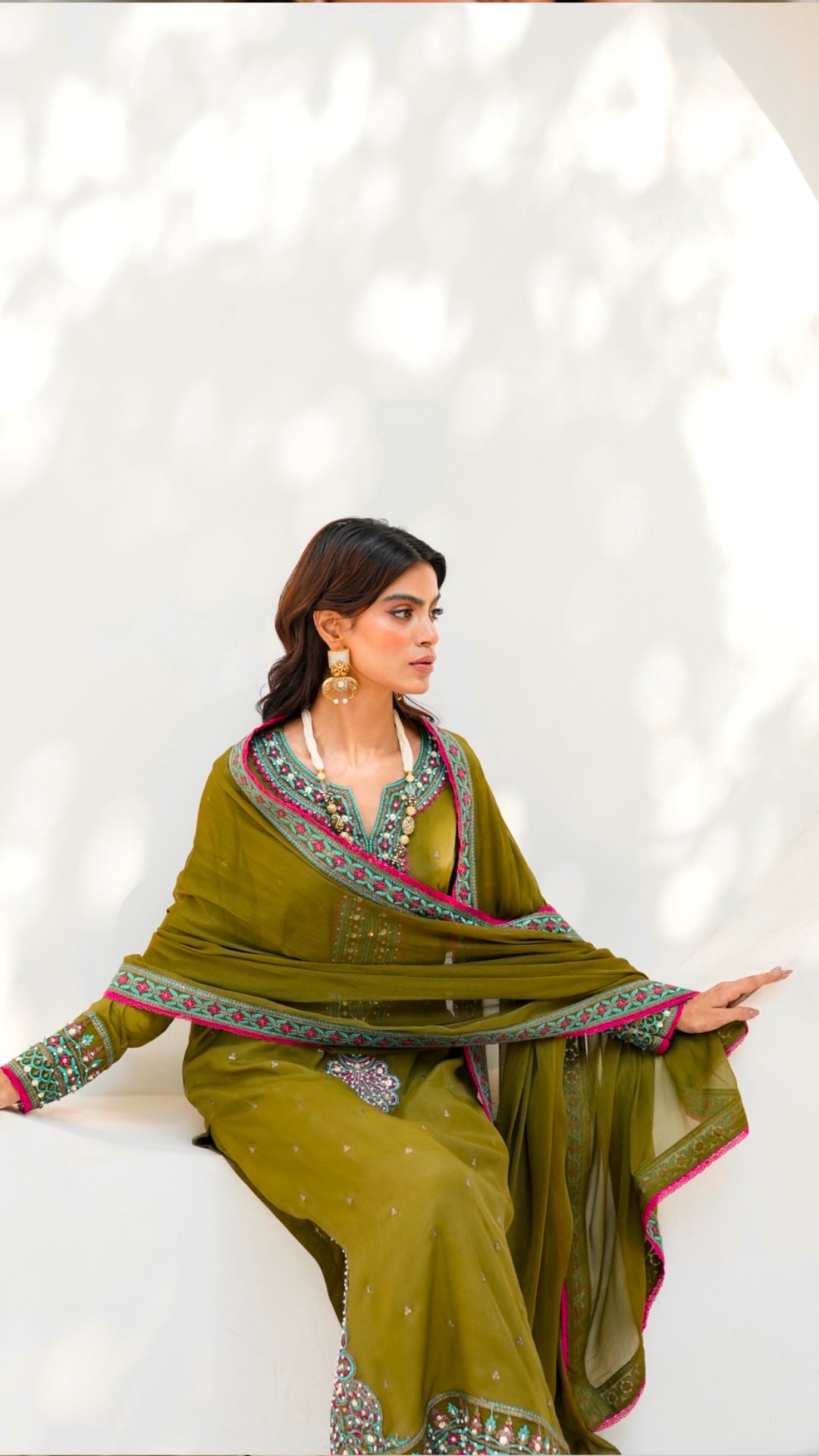 Pakistani Olive Green Embroidered Viscose Silk Salwar Kameez (3-Piece) - Image 4