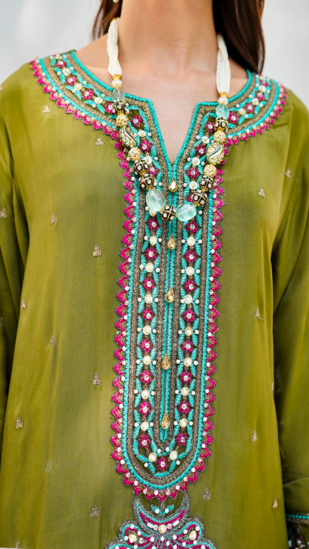 Pakistani Olive Green Embroidered Viscose Silk Salwar Kameez (3-Piece) - Image 5