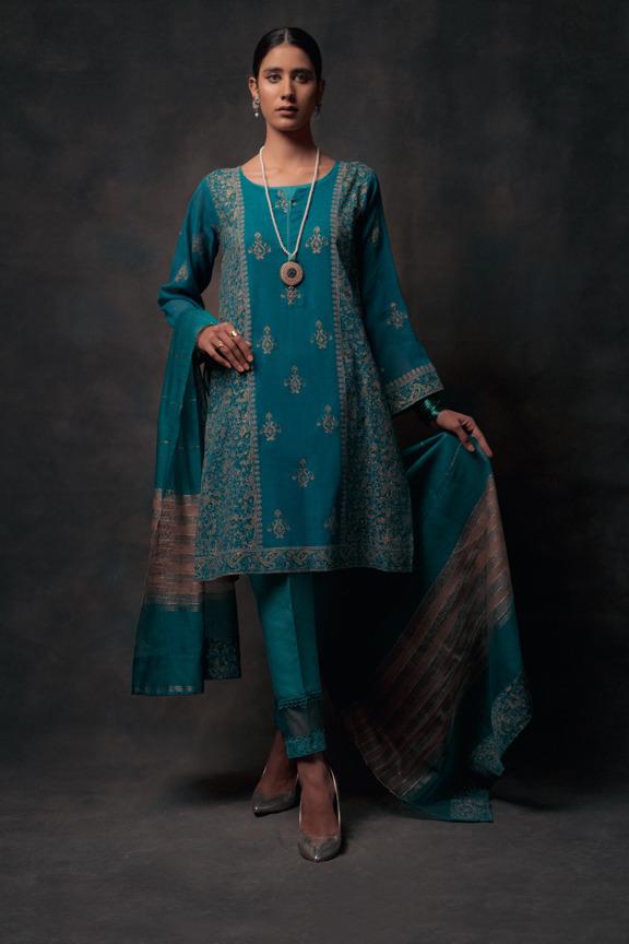 Teal Embroidered Straight-Cut 3-Piece Suit - Image 1