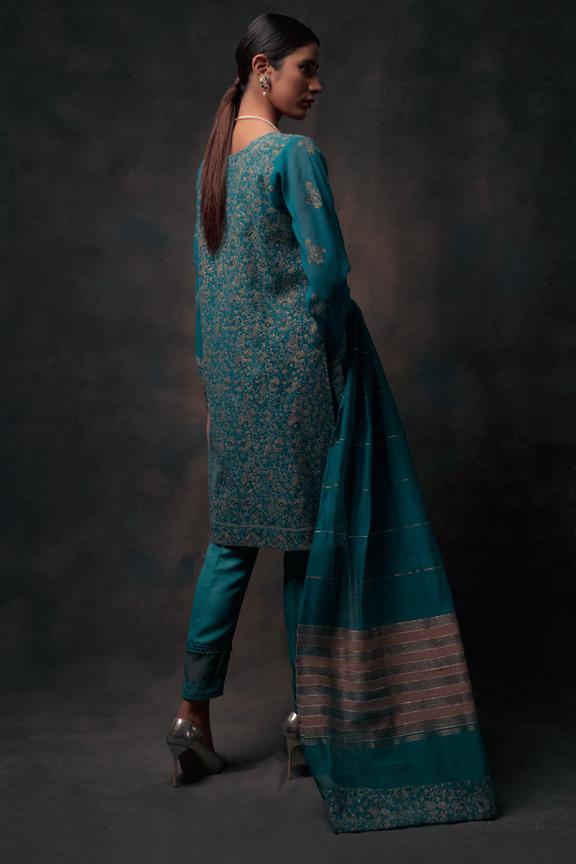 Teal Embroidered Straight-Cut 3-Piece Suit - Image 3