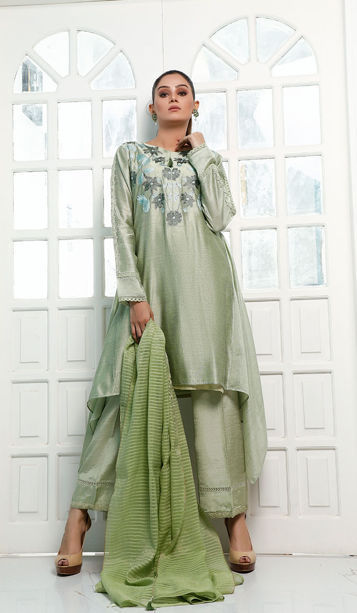 Pakistani Olive Green Embroidered Woven Kurta Set (3-Piece) - Image 1