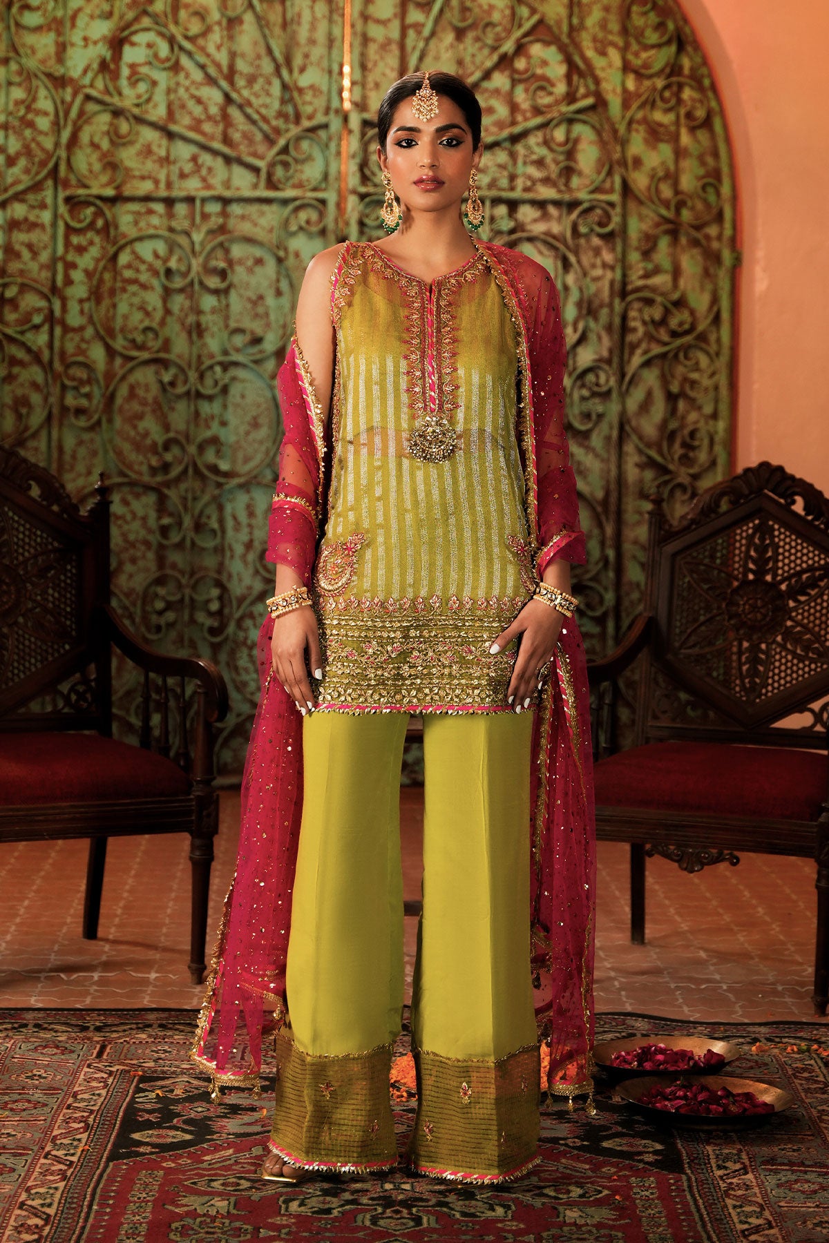 Lime Green Embroidered Zari Net Kurta Set (3-Piece) - Image 1