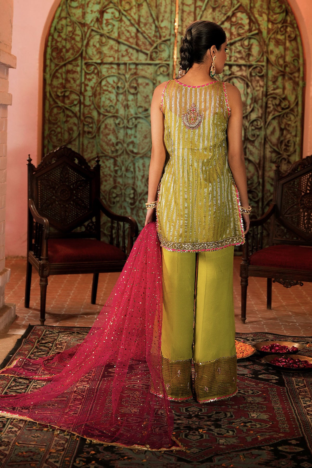Lime Green Embroidered Zari Net Kurta Set (3-Piece) - Image 3
