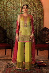 Lime Green Embroidered Zari Net Kurta Set (3-Piece) - Image 4