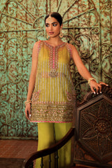 Lime Green Embroidered Zari Net Kurta Set (3-Piece) - Image 5