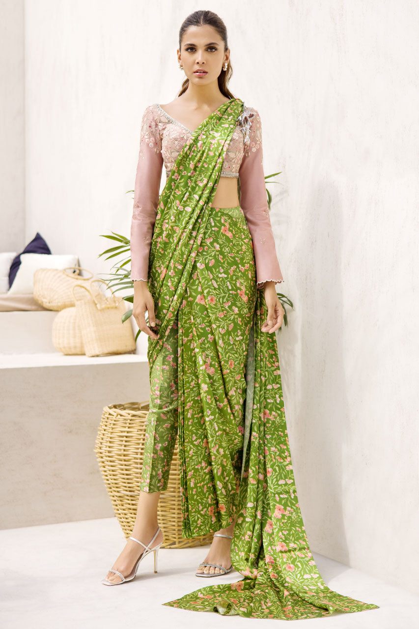 Pear Green Floral Charmeuse Saree (2-Piece) - Image 1