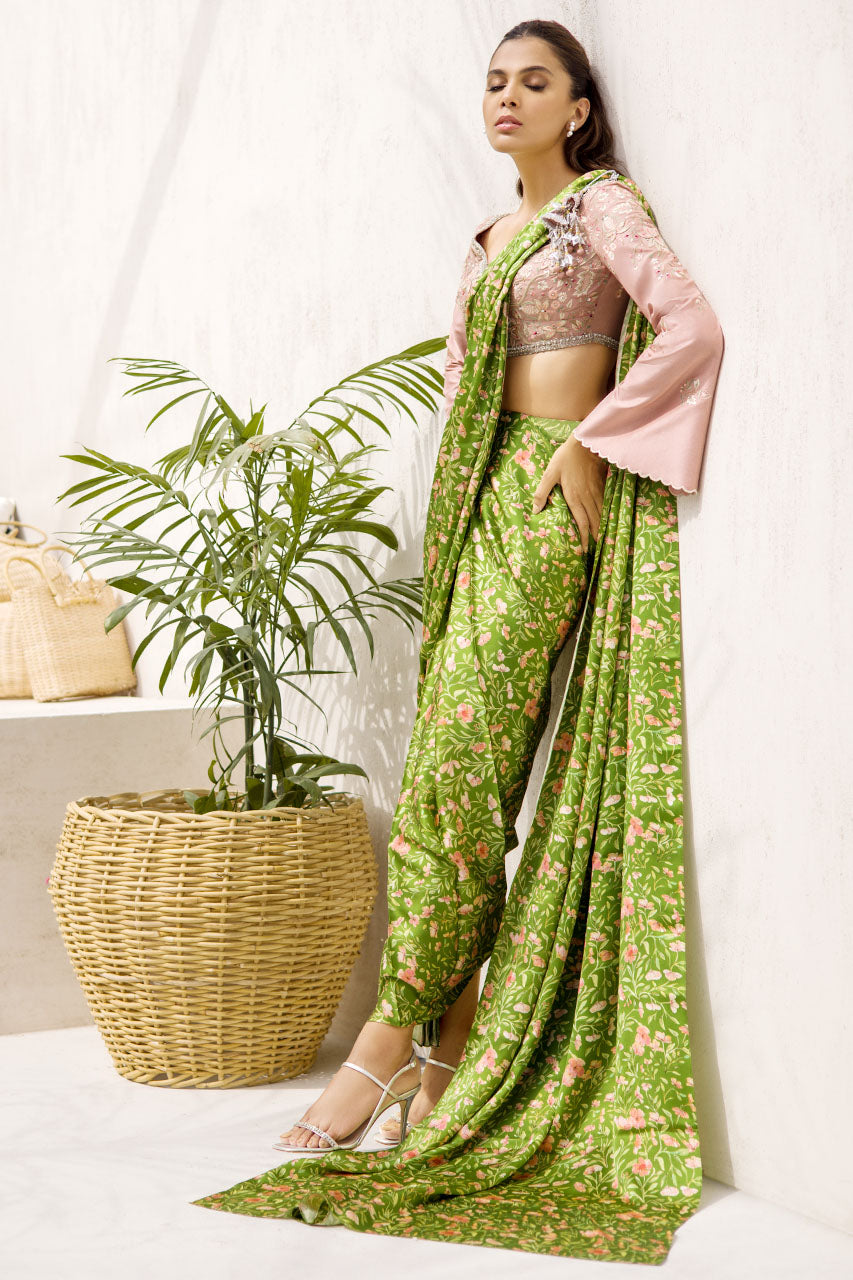 Pear Green Floral Charmeuse Saree (2-Piece) - Image 2