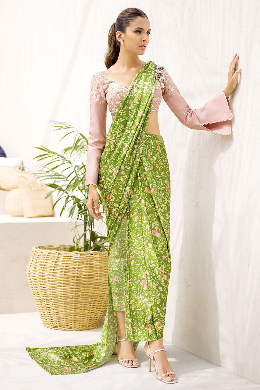 Pear Green Floral Charmeuse Saree (2-Piece) - Image 3