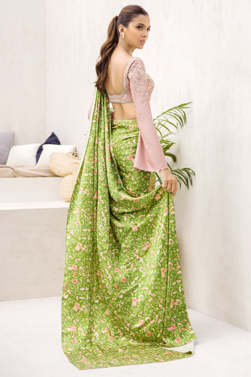 Pear Green Floral Charmeuse Saree (2-Piece) - Image 4