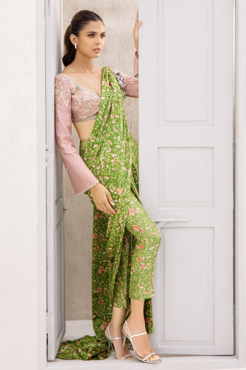 Pear Green Floral Charmeuse Saree (2-Piece) - Image 5