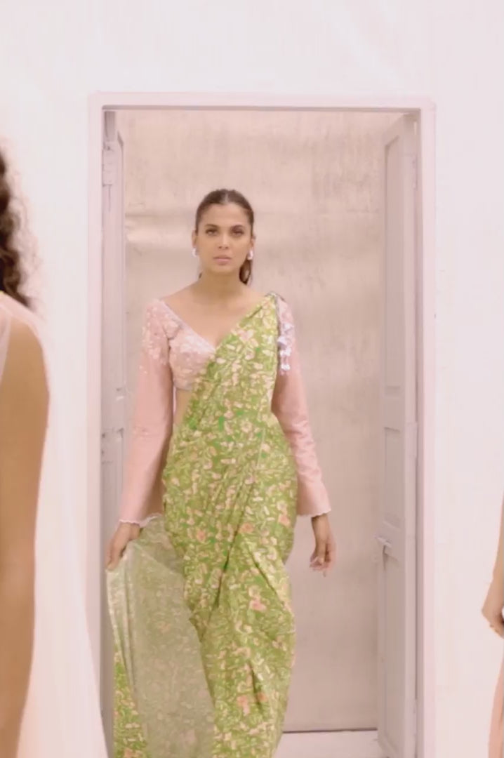 Pear Green Floral Charmeuse Saree (2-Piece) - Image 6