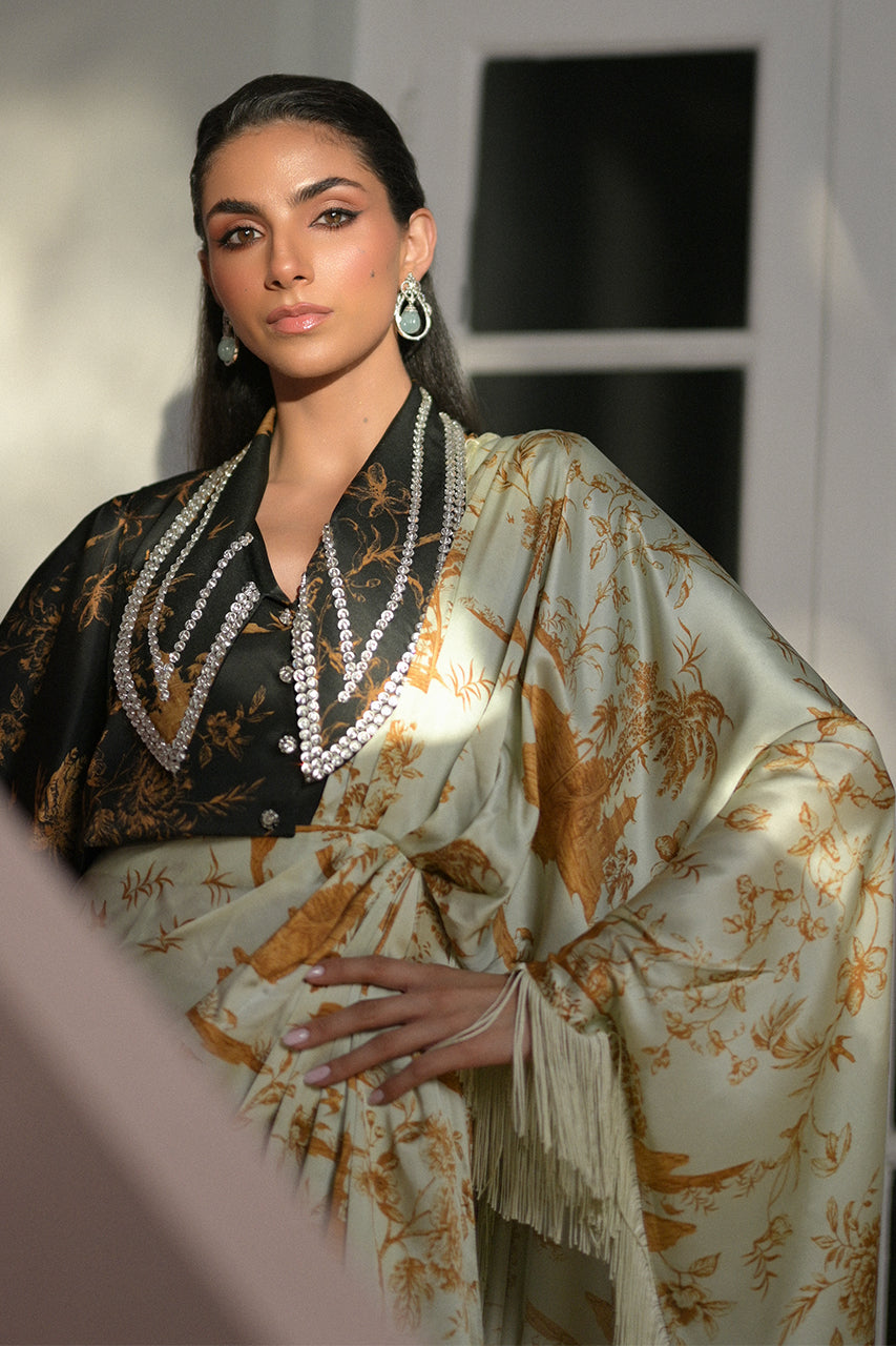 Pistachio Green Printed Charmeuse Silk Saree (2-Piece) - Image 11