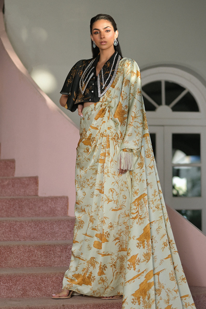 Pistachio Green Printed Charmeuse Silk Saree (2-Piece) - Image 3