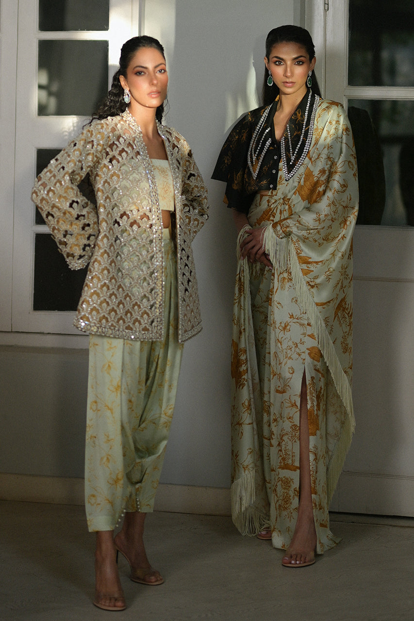 Pistachio Green Printed Charmeuse Silk Saree (2-Piece) - Image 7