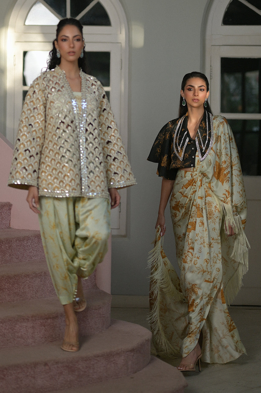 Pistachio Green Printed Charmeuse Silk Saree (2-Piece) - Image 8