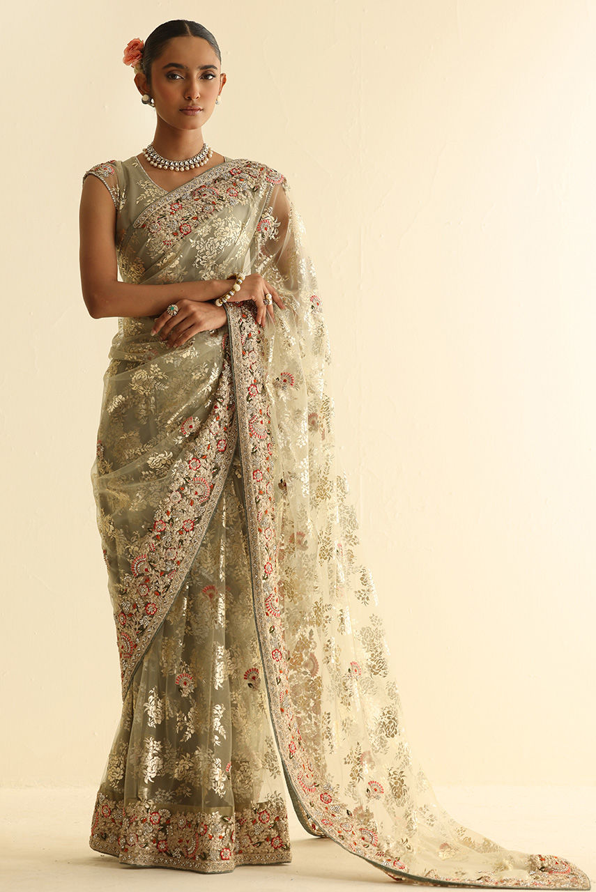 Pakistani Mint Embellished French Net Saree (2-Piece) - Image 1
