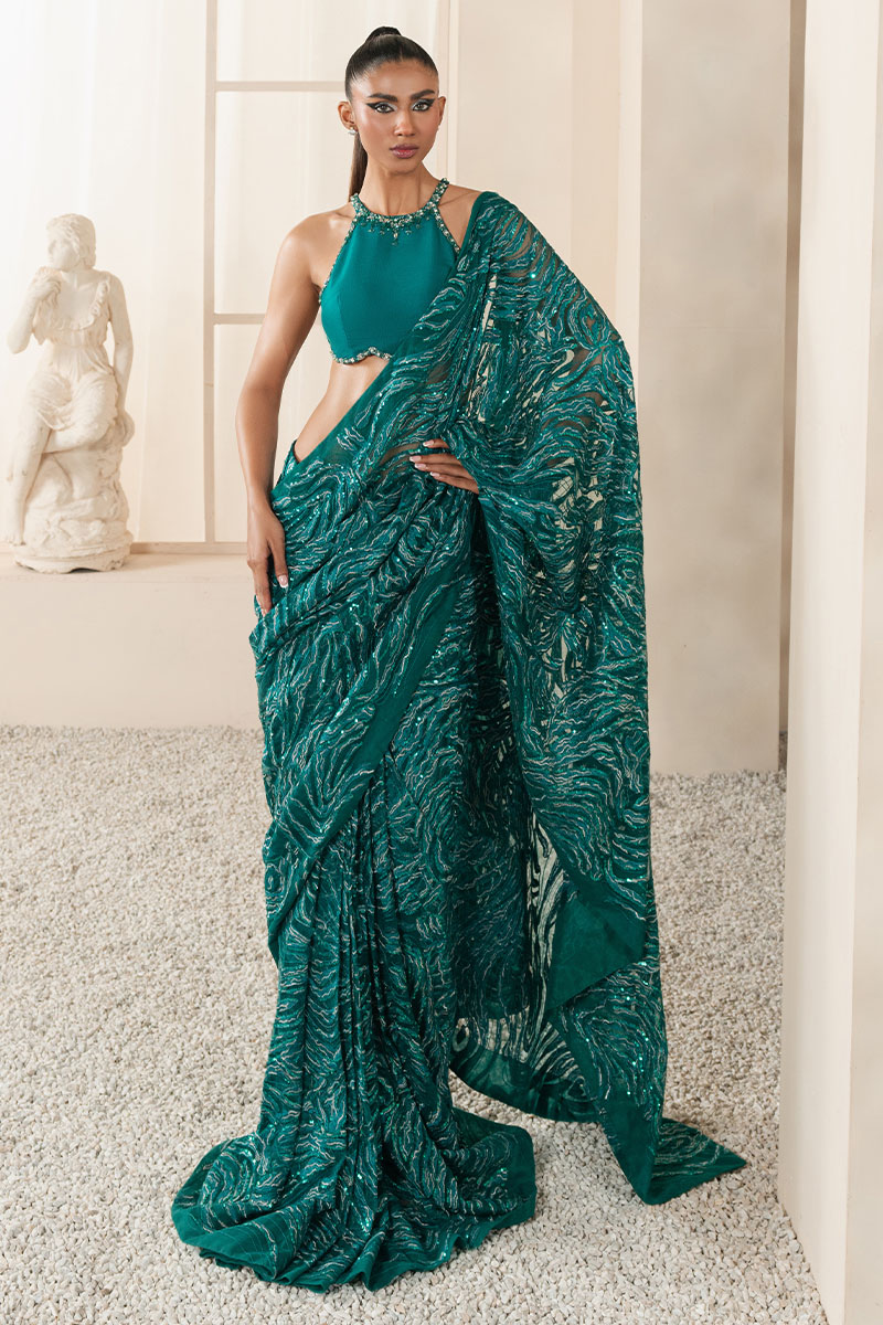 Emerald Green Embroidered Georgette Saree (2-Piece) - Image 2