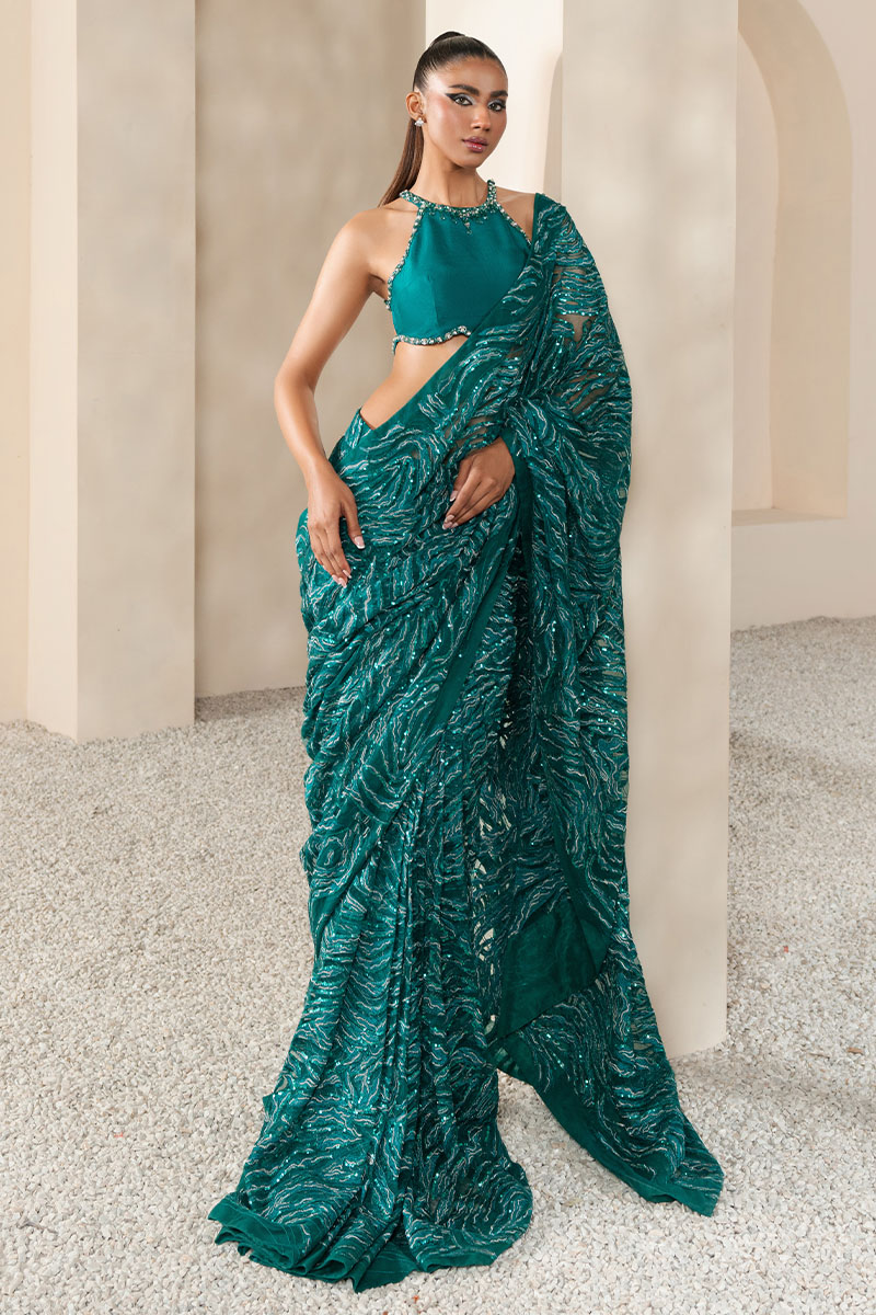 Emerald Green Embroidered Georgette Saree (2-Piece) - Image 4