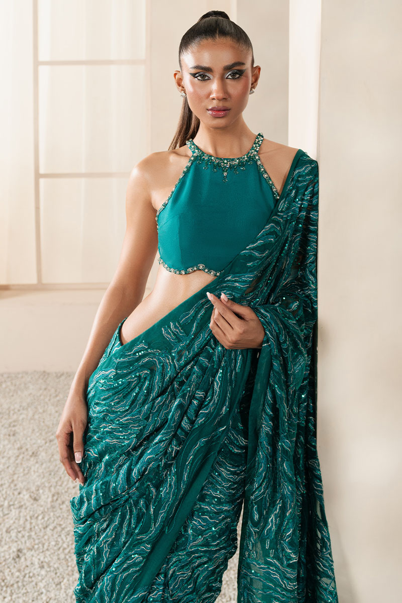 Emerald Green Embroidered Georgette Saree (2-Piece) - Image 5