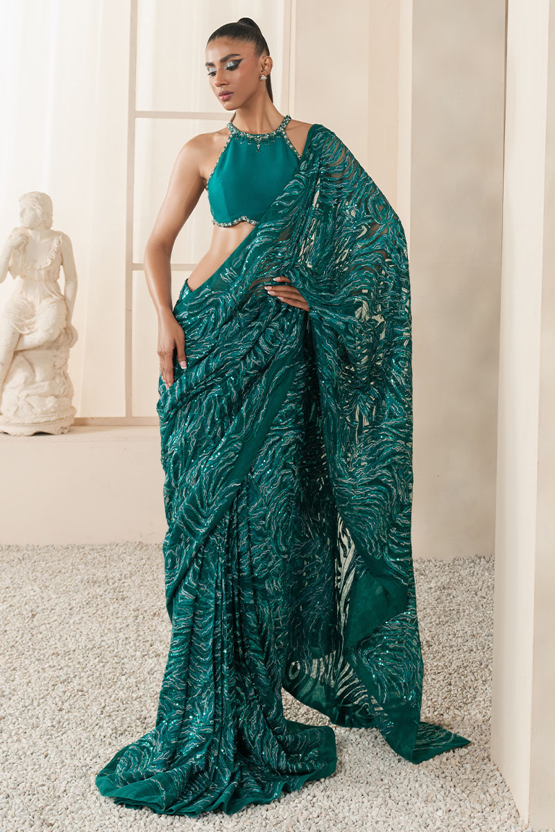 Emerald Green Embroidered Georgette Saree (2-Piece) - Image 6