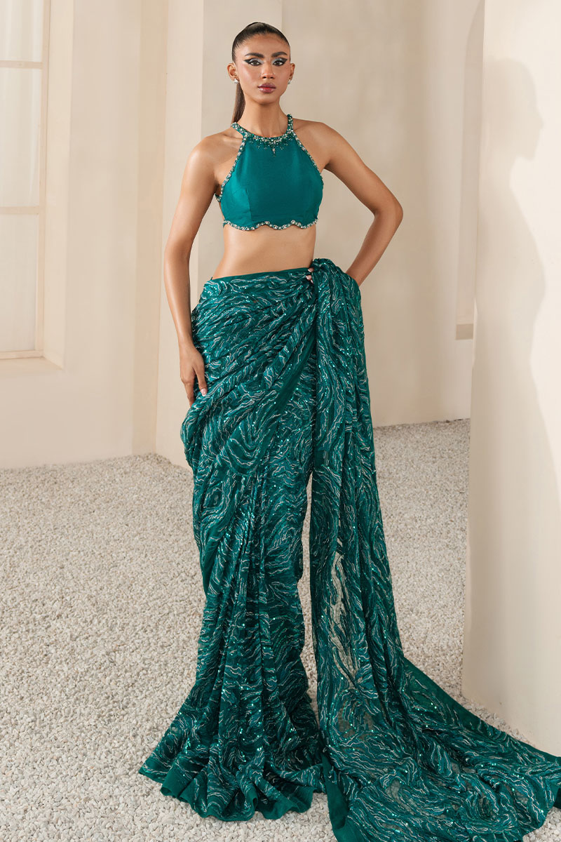 Emerald Green Embroidered Georgette Saree (2-Piece) - Image 8