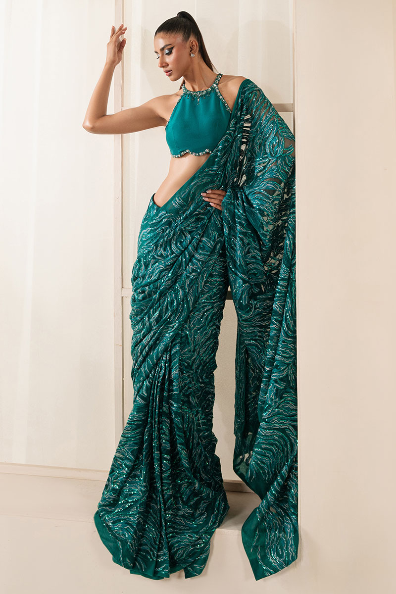 Emerald Green Embroidered Georgette Saree (2-Piece) - Image 9