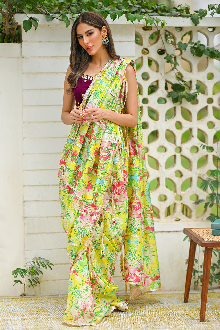 Mint Green Floral Khaddi Silk Saree (2-Piece) - Image 1