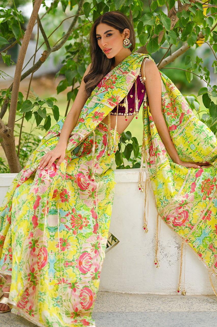 Mint Green Floral Khaddi Silk Saree (2-Piece) - Image 4