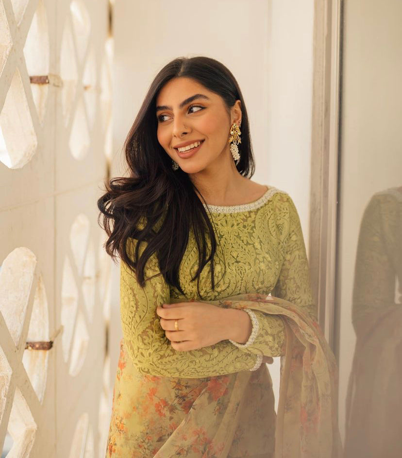 Muted Apple Green Resham Embroidered Organza Saree (2-Piece) - Image 2