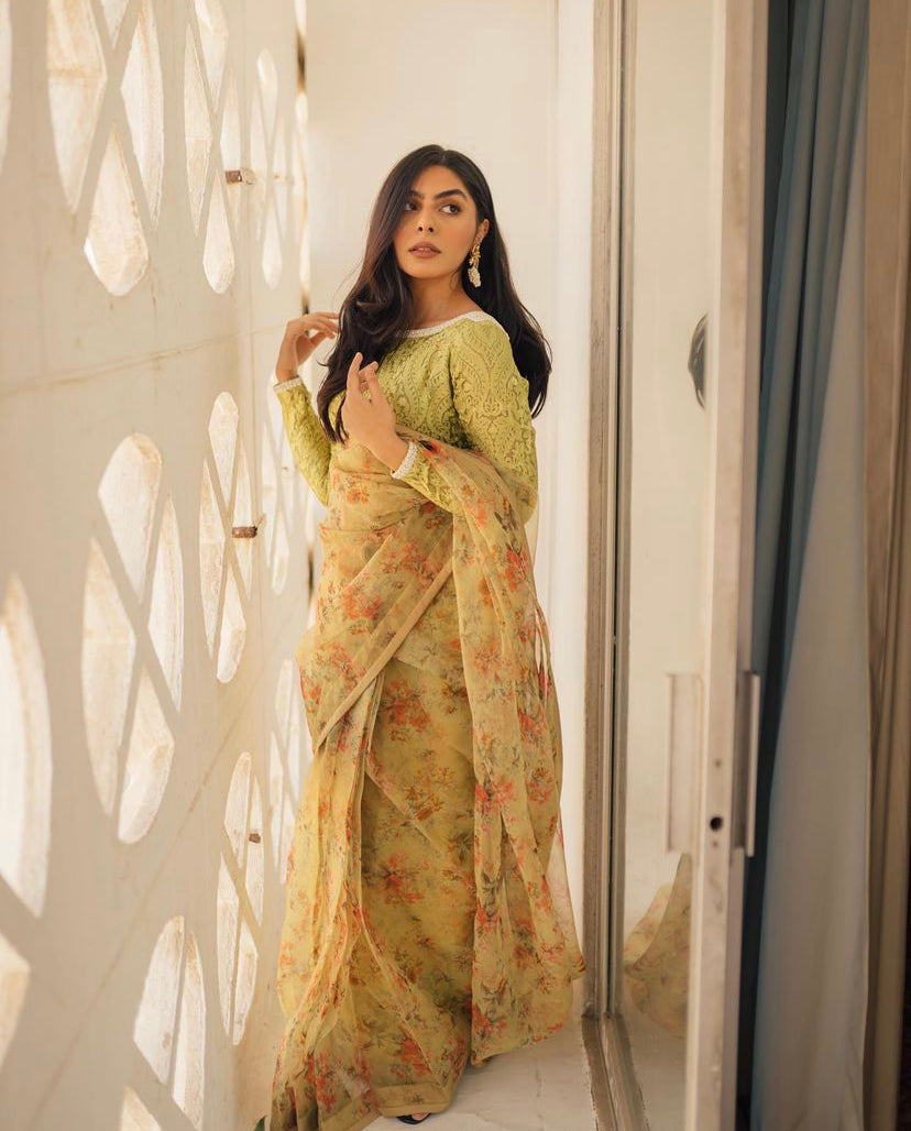 Muted Apple Green Resham Embroidered Organza Saree (2-Piece) - Image 3