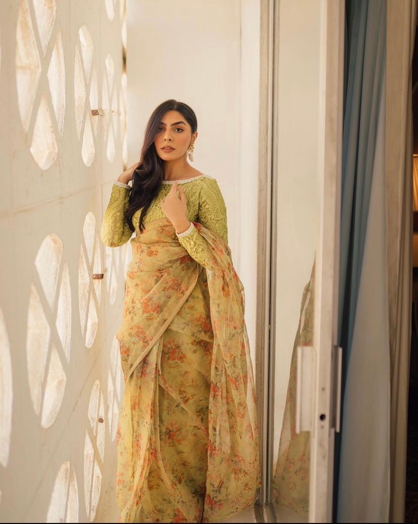 Muted Apple Green Resham Embroidered Organza Saree (2-Piece) - Image 7