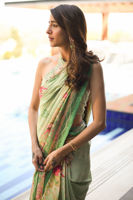 Pakistani Mint Green Embellished Pure Raw Silk Saree (3-Piece) - Image 3
