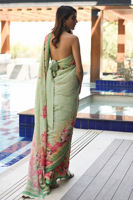 Pakistani Mint Green Embellished Pure Raw Silk Saree (3-Piece) - Image 8