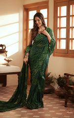 Green & Blue Embroidered Silk Saree (2-Piece) - Image 2