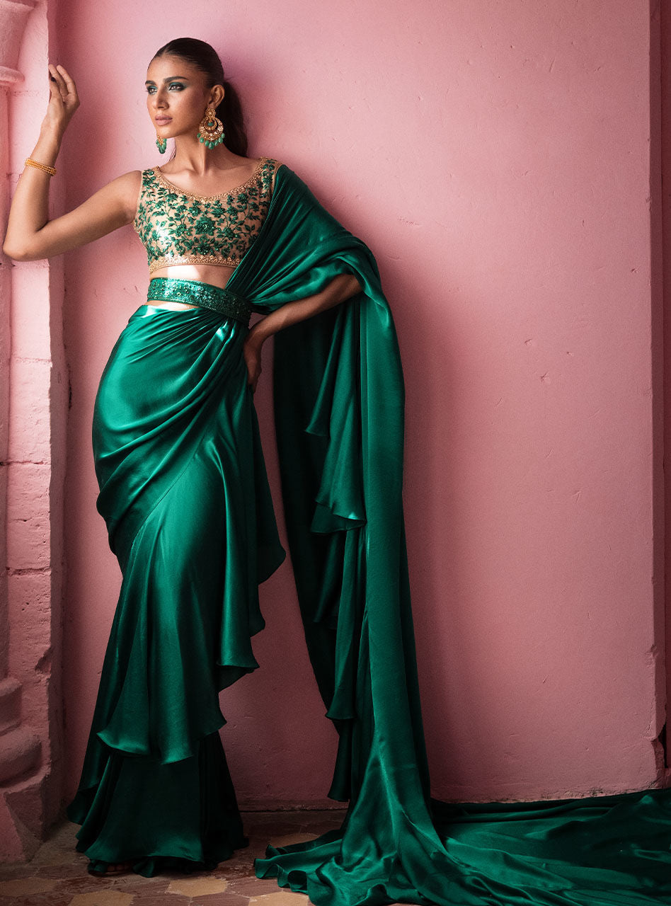 Emerald Green Embroidered Silk Ombre Saree (2-Piece) - Image 1