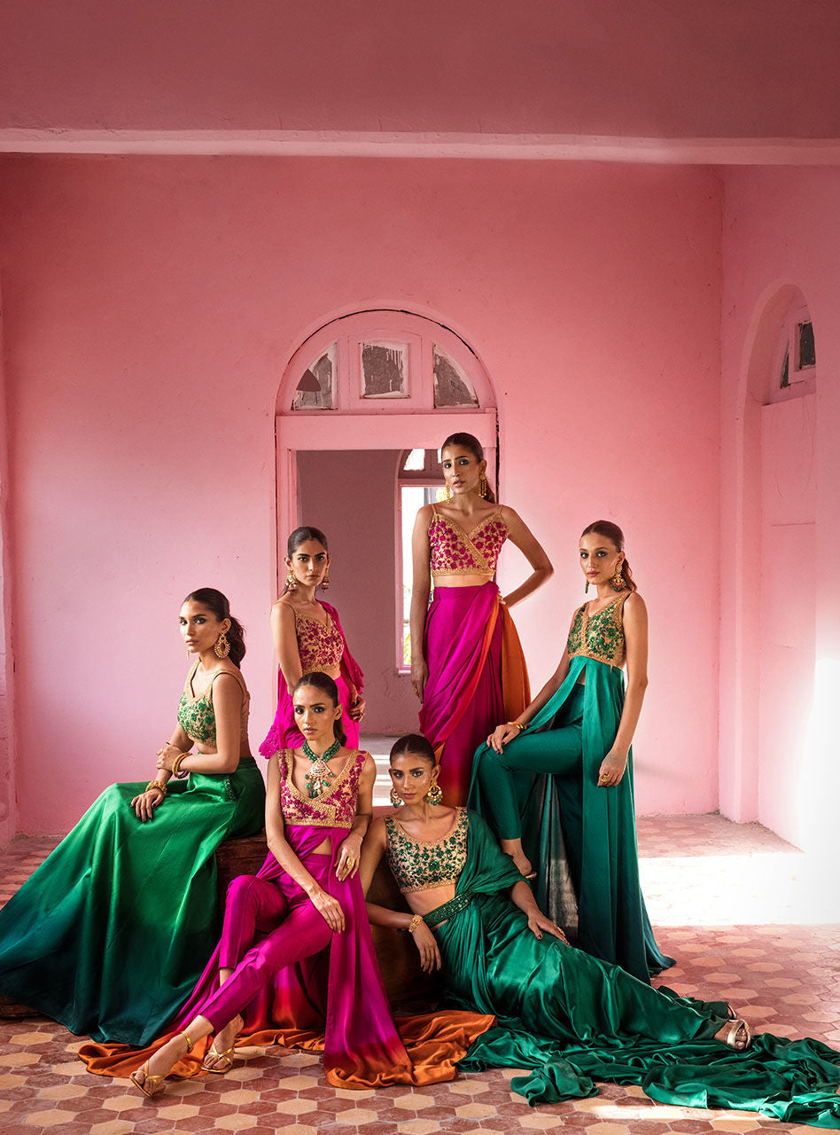 Emerald Green Embroidered Silk Ombre Saree (2-Piece) - Image 17